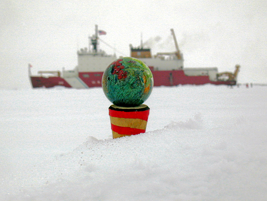 This ?Possibly Inhabited Planet?, a valuable work of art created by glassblower Josh Simpson was left at the North Pole in September 2001.