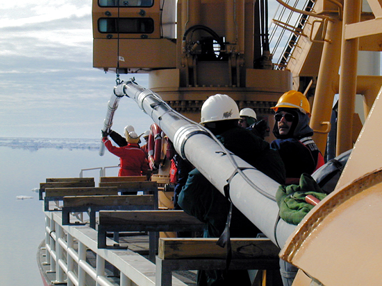 An 80 foot long ?Jumbo? piston core is launched from the deck of the USCG icebreaker Healy