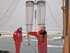 Twin plankton nets, called ‘bongo nets’, hanging over the side of the ship.