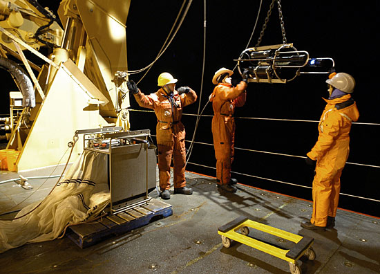 Night time deployment of a VPR from the A-frame of the USCGC Healy.