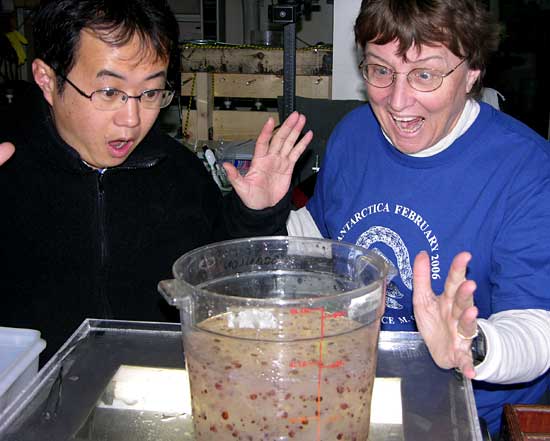 iologists Jun Nishikawa (University of Tokyo) and Patricia Kremer (University of Connecticut) react with exaggerated delight to finding nearly 13 liters of their target animals, salps,