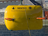 AUV Sentry is lowered into the water for tests.