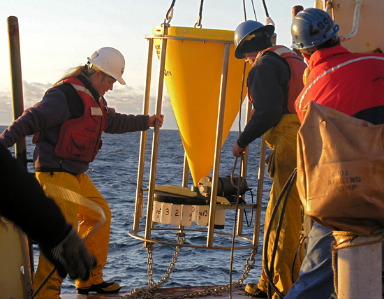 Deploying a sediment trap from R/V Oceanus