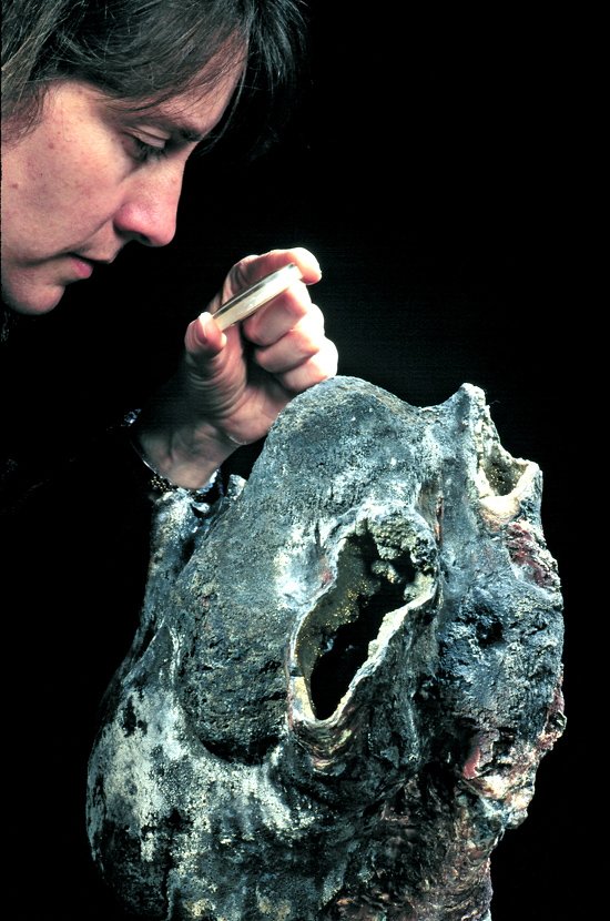 Meg Tivey looking a hydrothermal vent chimney.