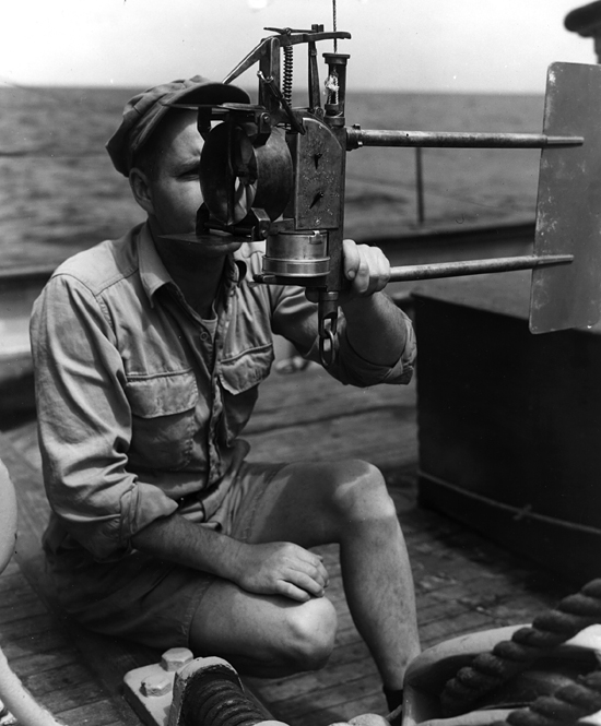 Reading a current meter onboard R/V Atlantis, circa 1931.