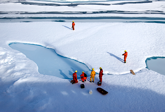 A thin layer of snow coats melt ponds in the Beaufort Sea