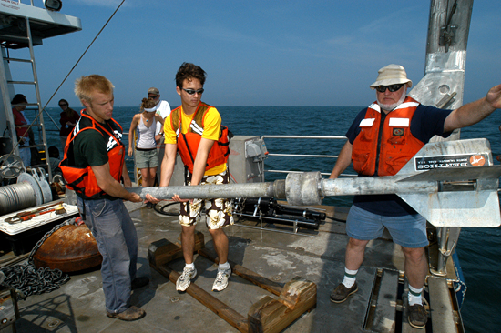 WHOI Summer Student Fellows learn coring techniques aboard the R/V Tioga.