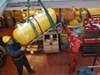 Equipment and data are delivered into the Canadian icebreaker  Louis S. St-Laurent's hold.
