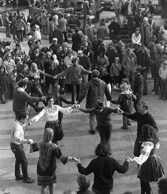 Celebrating the return of the R/V Atlantis II from longest WHOI cruise to date, circa 10/1977.