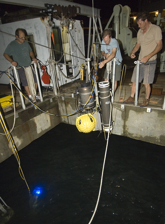 Testing Norm Farr's optical modem at the WHOI dock.