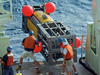 The WHOI mooring group deploys a University of Miami mooring from R/V Knorr.
