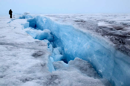 Massive bottomless crack in ice sheet.