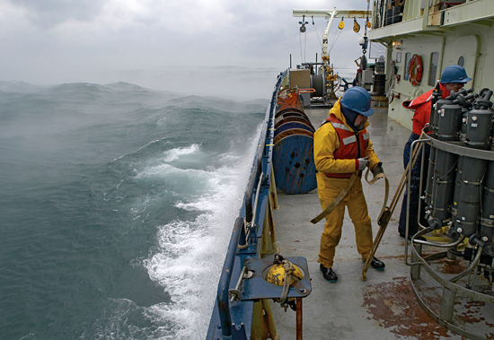 Craig Marquette (left) and Glen Gawarkiewicz prepare for hydrography operations north of Cape Hatteras.