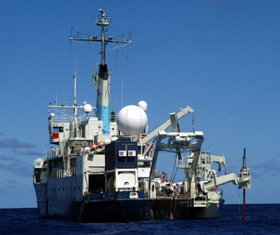 Aft view of RV Knorr during long coring operations, KNR191, September 2008.