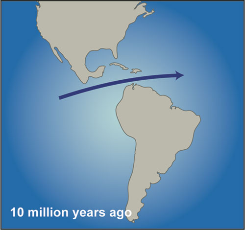 North and South America approach each other. Water flows from the Pacific to the Atlantic via the Central American Seaway (image linked from Woods Hole Oceanus Magazine, April 2004)