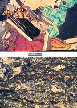 Using optical and electron microscopes, scientists can detect how crystals within rocks change