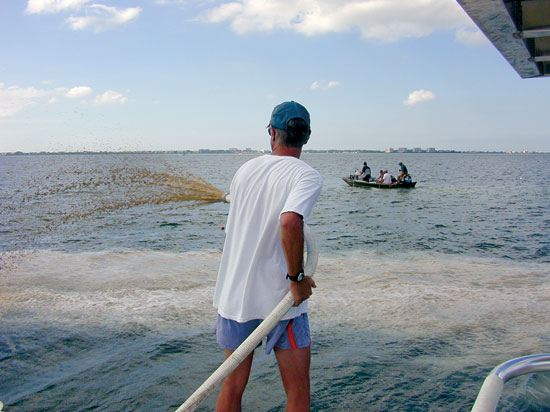Scientist Mike Henry of the Mote Marine Laboratory sprays clay slurries into Florida’s Sarasota Bay while WHOI Postdoctoral Investigator Mario Sengco and colleagues in the other boat track the dispersal of the plume with water sampling devices.