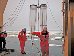 Twin plankton nets, called ‘bongo nets’, hanging over the side of the ship.