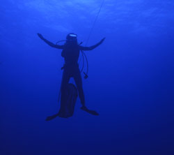 A scuba diver in the open water is immersed in clear, pure blue light. Water strongly absorbs red, orange, and yellow light, while blue light penetrates into the depths.