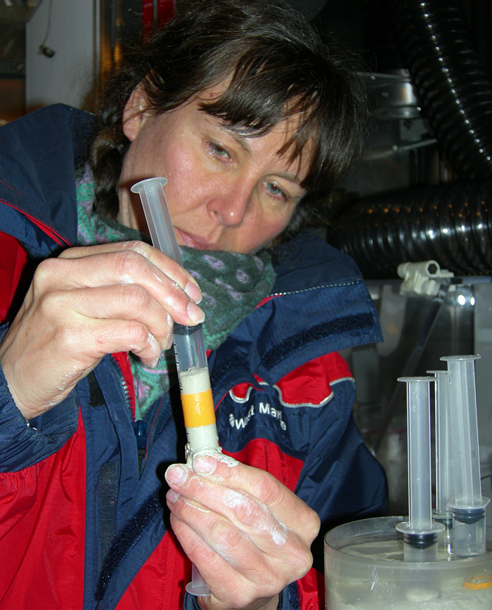 Joan Bernhard preparing sediment sample