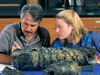 Dan Fornari and Tracey Gregg inspect a portion of a lava pillar that was generated during a 1991 eruption on the East Pacific Rise.