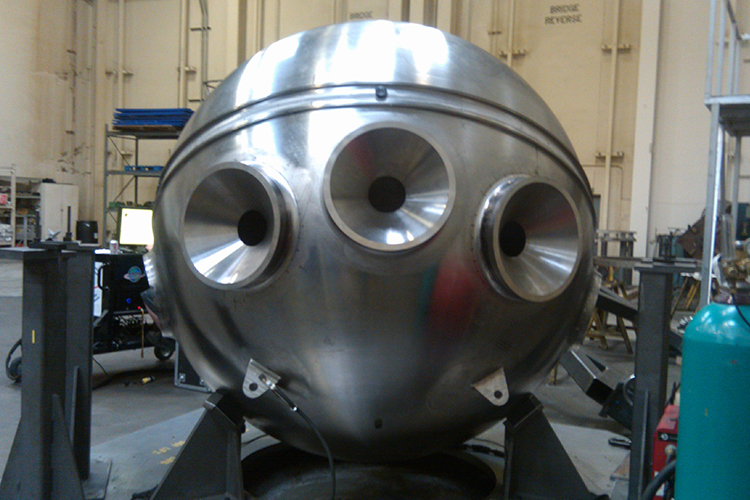 The upgraded HOV Alvin sphere features five viewports (instead of three) to improve visibility and provide overlapping fields of view for the pilot and two observers. Not pictured here, there are two additional viewports on the sides. (Tom Kleindinst, Woods Hole Oceanographic Institution)
