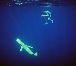 David Sutherland, an MIT/WHOI Joint Program student in the Physical Oceanography Department, joined an ascending glider during a test in the Bahamas in January 2003. (Dave Fratantoni, Woods Hole Oceanographic Institution) David Sutherland, an MIT/WHOI Joint Program student in the Physical Oceanography Department, joined an ascending glider during a test in the Bahamas in January 2003. (Dave Fratantoni, Woods Hole Oceanographic Institution)