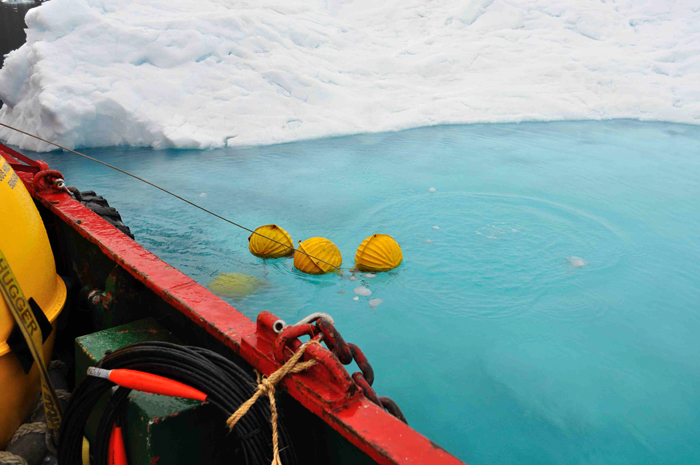 A mooring carrying temperature and salinity recorders is recovered near an iceberg after two years in Sermilik Fjord, where Helheim Glacier drains.