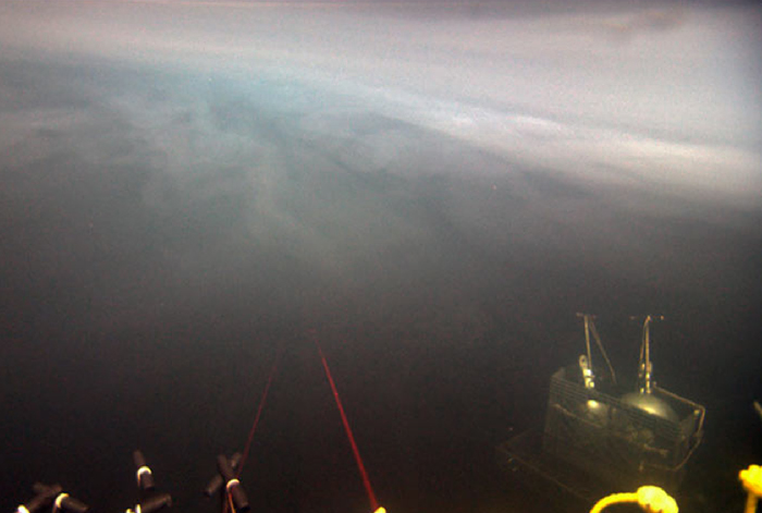 swirly white material at top of halocline on a DHAB in the Mediterranean, shot by ROV Jason