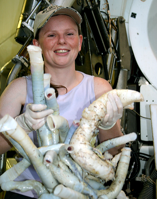 Rhiann Waller holding a bundle of tubeworms.