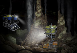 a painting of a hydrothermal chimney named Hulk on the Juan de Fuca Ridge, a camera mounted on the remotely operated vehicle Jason 2 captures high-resolution images using light from the deep-sea light post