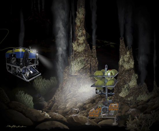 a painting of a hydrothermal chimney named Hulk on the Juan de Fuca Ridge, a camera mounted on the remotely operated vehicle Jason 2 captures high-resolution images using light from the deep-sea light post