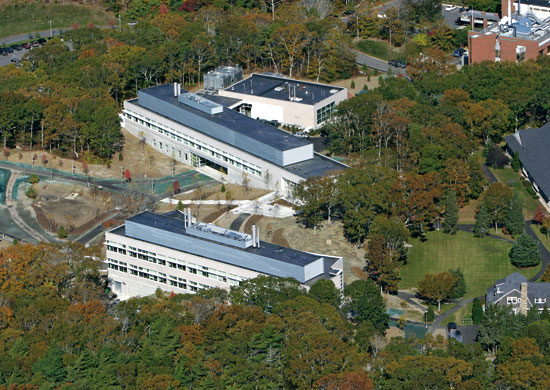 The Stanley W. Watson Laboratory (foreground) and the Marine Research Facility (background) provide new offices and laboratories for more than 90 WHOI employees.