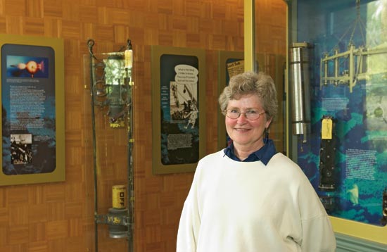 Vicky Cullen, director of 75th anniversary activities at WHOI, brought an exhibit of historic oceanographic instruments, drawn from the WHOI Archives collection, to the Clark Laboratory lobby. 