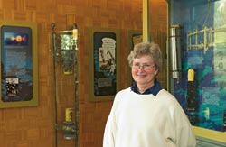 Vicky Cullen, director of 75th anniversary activities at WHOI, brought an exhibit of historic oceanographic instruments, drawn from the WHOI Archives collection, to the Clark Laboratory lobby.