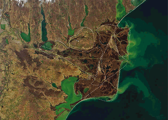 Map reconstructing the evolution of the Danube River Delta, along the Black Sea coast of Romania and Ukraine.