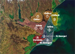 Map reconstructing the evolution of the Danube River Delta, along the Black Sea coast of Romania and Ukraine.