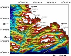A computer generated map of the seafloor around Palmer Station shows deep troughs scoured by receding glaciers. The map is based on more than 180,000 soundings taken from the inflatables.
