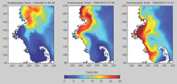A computer model shows how the pattern of northeasterly winds?which dominated in spring 2005?can push <em>Alexandrium</em> cells down from the Gulf of Maine into Massachusetts Bay and Cape Cod Bay. In typical years, prevailing breezes from the southwest usually blow the cells out to sea before they can flow into Massachusetts Bay. Reds and oranges show areas of highest concentration.