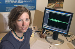 Stephanie Watwood, WHOI postdoctoral investigator, sitting near computer screen showing sound wave of elephant call