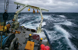 A research expedition aboard R/V Oceanus battled high seas and rough weather off Cape Hatteras in January 2005