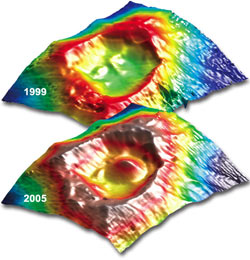 Maps of the caldera atop Vailulu'u, in 1999 and 2005, show a new volcano growing inside called Nafanua