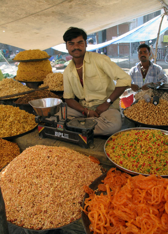 A market in the village of Lonar sold grains, fruits, vegetables, and unusual-looking sweets, such as these.