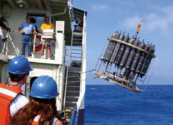 R/V Oceanusc Bosun Jim MGill (top, blue shirt) and Able Seaman Bill Hoff (yellow shirt) operate the winch to deploy a conductivity-temperature-depth (CTD) water sampler into the Sargasso Sea, as WHOI oceanographer Dennis McGillicuddy (bottom left) and Rutgers University Postdoctoral Scholar Diana Nemergut look on.