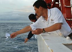 One year after the 2004 tsunami, with their research vessel above the site of the submarine earthquake that spawned it, Lin and the entire ship's crew participated in a solemn ceremony to commemorate the tsunami?s victims, casting origami cranes and flowers into the waves.