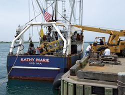 HabCam (short for �habitat mapping camera system�) is hoisted aboard the scallop boat Kathy Marie for a test run.