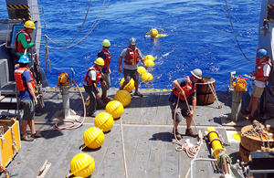 chain of hardhats being deployed in Northwest Atlantic