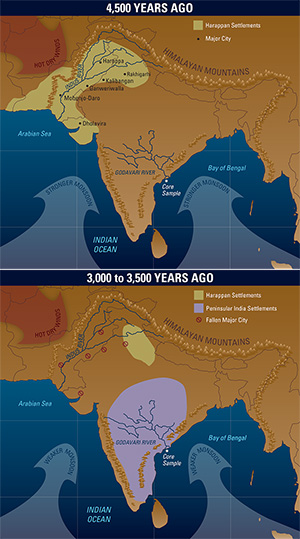 maps of settlement areas in India before and after aridification