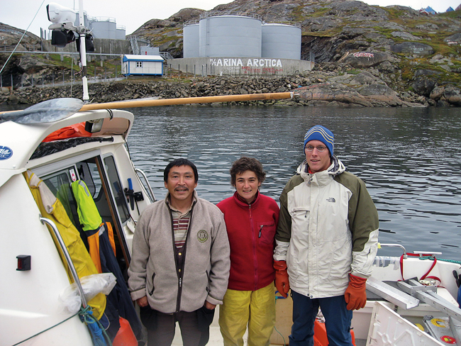 Greenlander Arqaluk J?rgensen and WHOI researchers Fiamma Straneo and Dave Sutherland.