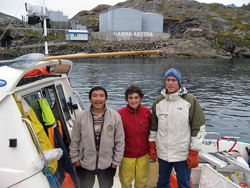 Greenlander Arqaluk Jorgensen and WHOI researchers Fiamma Straneo and Dave Sutherland.